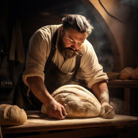 Watch the magic happen in this enticing illustration as the baker kneads the dough with utmost precision, bringing out the tantalizing aroma of freshly baked bread.の素材
