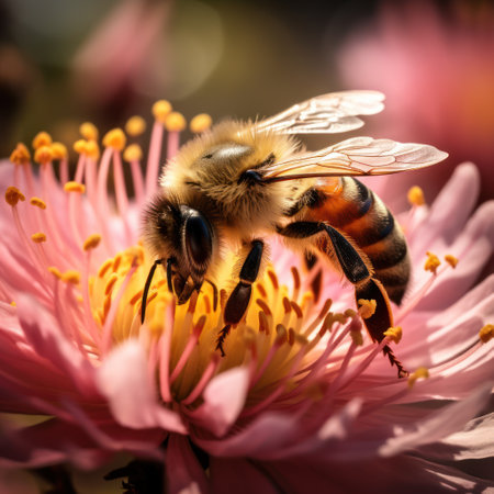 Witness nature's balance in action as a busy bee pollinates a beautiful flower, a crucial act vital to sustain our ecosystem.の素材