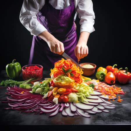 Watch the magic unfold as this culinary artist effortlessly wields their knife, perfectly dicing and slicing a medley of vibrant veggies.の素材