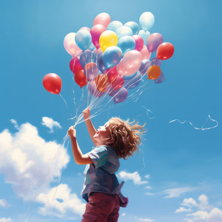 With pure joy in their face, a child sets free a bright balloon, filling the clear blue sky with its vibrant colour. The innocence of this moment is captured perfectly in this beautiful illustration.の素材