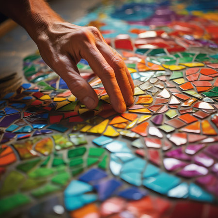Skilled hands meticulously place multicolored glass pieces, forming an intricate mosaic that radiates dazzling beauty and creativity.の素材