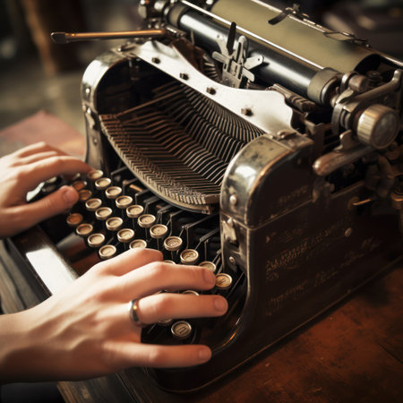 Travel back in time with this close-up of a hand typing on a classic typewriter. Feel the nostalgia of communicating through written words.の素材