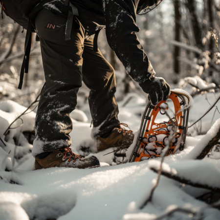 As the snow falls gently around them, skilled hands take care of necessities. These hands expertly adjust a pair of snowshoes, preparing for a winter trek through the picturesque landscape.の素材