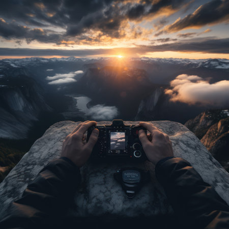 Expertly capturing the perfect shot. Skilled hands fine-tune the camera settings, ready to capture a stunning panorama of nature's beauty. Get ready to be amazed!の素材