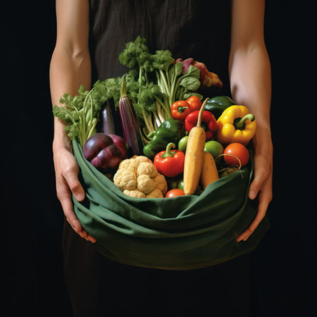 Eco-consciousness shines in this shot of hands clutching a reusable bag brimming with fresh fruits and veggies. A simple step towards sustainability.の素材