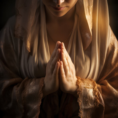 Hands clasped in prayer, symbolizing hope, faith, and reflection. A powerful image of devotional contemplation and inward emotion.の素材