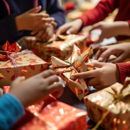 Hands full of love and generosity are busily wrapping gifts for the little ones during the magical holiday season, bringing joy and warmth to their hearts.の素材