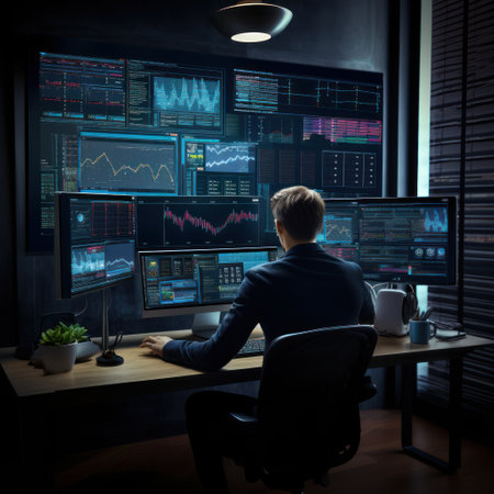With laser focus, a financial expert meticulously analyzes data with a suite of computer screens. They scrutinize every detail to help businesses grow and prosper.の素材