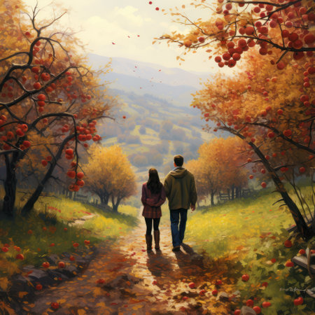 Autumn hues adorn the couple as they roam among the fruitful trees. A peaceful escape from the busy world, with the scents of fresh apples to savor and share.の素材