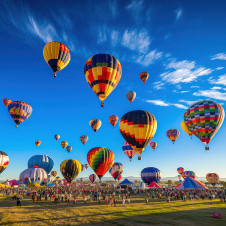 Experience the thrill of colors and wonder as the hot air balloons take the center stage against a clear blue sky in this vibrant festival.の素材