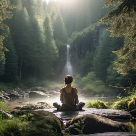 Find inner peace in the midst of natural tranquility. Join a figure in mindful meditation, surrounded by lush greenery and peaceful waters.の素材