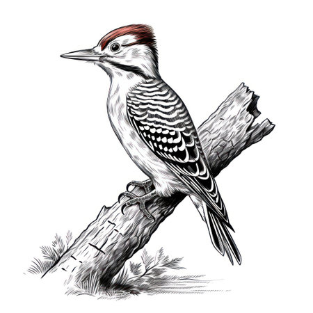 Travel back in time with our vintage-style woodpecker engraving! Reminiscent of the 1800s, this illustration in black and white is perfect for classic designs on a white background.の素材
