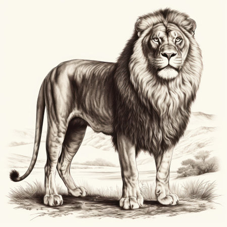 Transport yourself to the 1800s with this vintage-style illustration of an Abyssinian Lion, intricately engraved and set against a clean white background.の素材