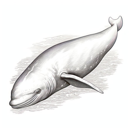 Transport yourself to the 1800s with this vintage engraving-style illustration of a majestic Beluga Whale, elegantly pictured on a white background.の素材