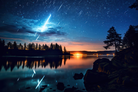 Witness the magic of a meteor shower as it lights up the dark night sky. Marvel at the beauty and wonder of the universe captured in this awe-inspiring image.の素材