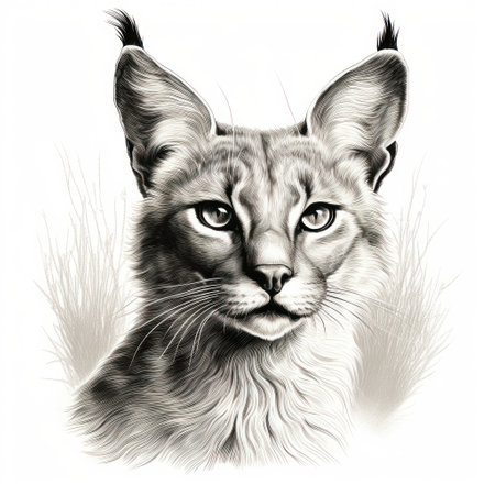 Vintage-style caracal illustration on a white background. The intricate engraving captures the timeless beauty of this wildcat, reminiscent of 1800s artistry.の素材