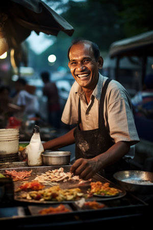 Get a glimpse of the bustling streets filled with the flavorful aromas of food. This collection features colorful candid shots of street food vendors and food trucks.の素材