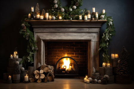 Get cozy by the fire with this beautifully decorated mantle topped with a festive wreath. Perfect for chilly evenings and holiday gatherings!の素材