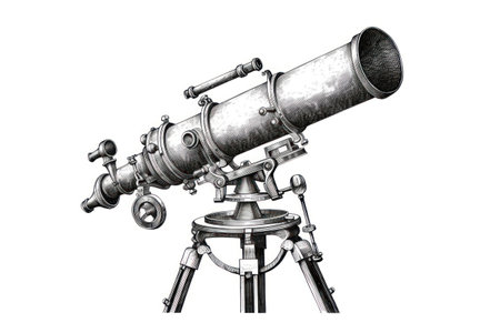 The antique telescope engraving on a white backdrop exudes elegance and sophistication. With intricate details, it transports you back in time and inspires the explorer within.の素材