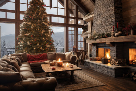 Transform your living space into a winter wonderland with this cozy living room adorned with a beautifully decorated Christmas tree. Snuggle up with loved ones and enjoy the festive ambiance.の素材