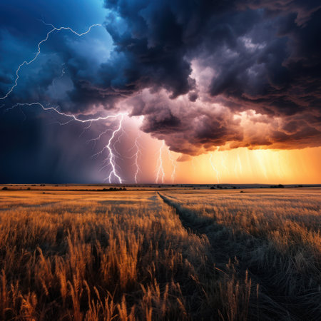 The untamed energy of nature is on full display as streaks of lightning illuminate the prairie's vast expanse, an awe-inspiring spectacle that fills the sky with raw drama.の素材