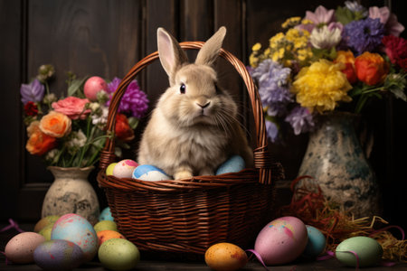 The Easter Bunny with a basket of vibrant eggs is ready to hop into Easter festivities! Celebrate the joyous occasion with this charming and cheerful illustration.の素材