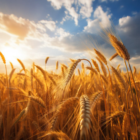 Endless golden fields stretching out as far as the eye can see, dancing in the warm summer breeze, creating a peaceful and calming atmosphere.の素材