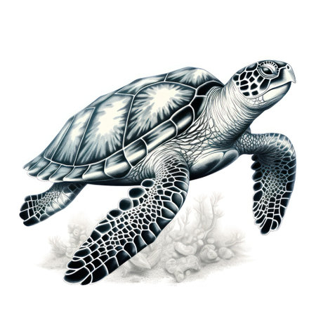Transport back to the 1800s with this vintage engraving style illustration of the graceful hawksbill turtle on a clean white background.の素材