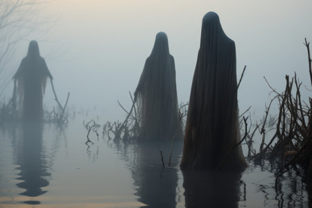 Eerie, ghostly apparitions emerge from the foggy marshes, casting mysterious shadows on twisted trees. Beware the haunting spirits lurking in the mist.の素材