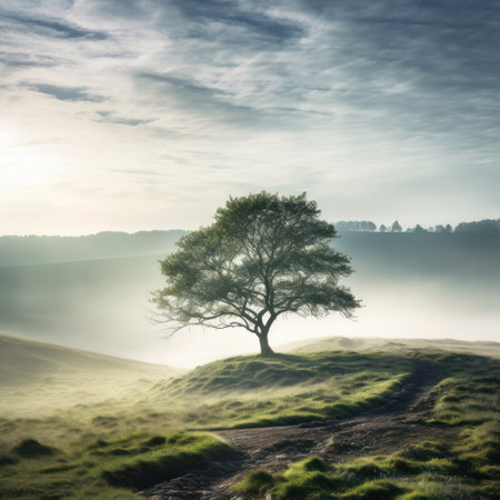 In the tranquil mist of the morning rises a lone tree atop a hill, a beautiful sight that brings peace to the soul with its quiet majesty.の素材