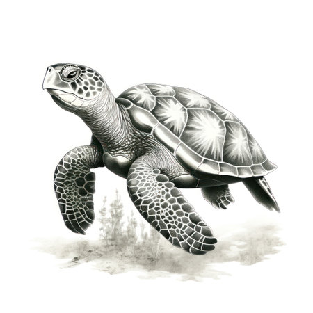 This vintage engraving presents a stunning loggerhead turtle, styled in the 1800s style illustration, set against a crisp white background.の素材