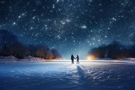 Glide with grace and twirl under the night sky's sparkly magic. Enjoy a wintery wonderland in an enchanting lakeside ice skating rink.の素材