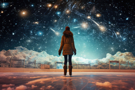 Glide through the glittering night and let the stars guide your way in this enchanting winter wonderland. Enjoy the magic of nighttime ice skating under the twinkling stars.の素材