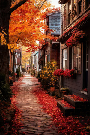 Stroll down a charming village street surrounded by the warm hues of autumn leaves, as you breathe in the crisp air and embrace the beauty of the season.の素材