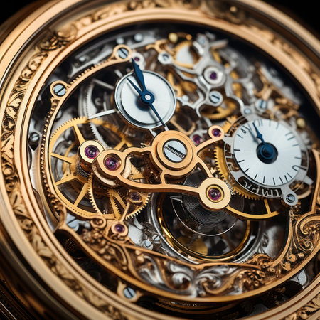 An antique pocket watch mechanism captured in stunning detail. See the intricate inner workings of this timeless piece and appreciate the craftsmanship of those who created it.の素材