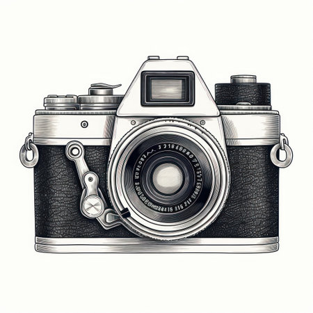 Step into the past with this vintage-inspired engraving of a camera. The intricate details and aged style make it a perfect addition to any retro-inspired design.の素材