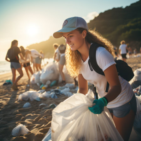 Helping hands unite for the betterment of our oceans. These volunteers work tireless in a beach cleanup, fighting against pollution and safeguarding the environment.の素材