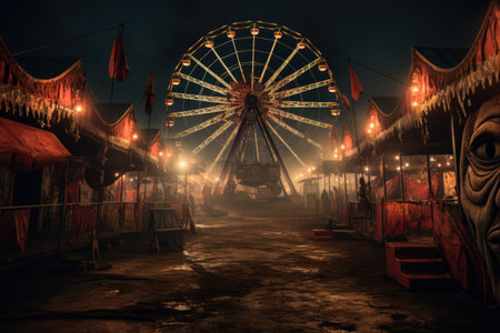 Ride the Spooky Haunted Carnival Ferris Wheel if you dare! Take in the eerie sights and sounds from the rotating vantage point of this sinister attraction.の素材