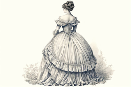 Transport yourself to the elegance of the Victorian era with this beautiful vintage engraving-style illustration of a dress. Perfect for adding a touch of sophistication to any space.の素材