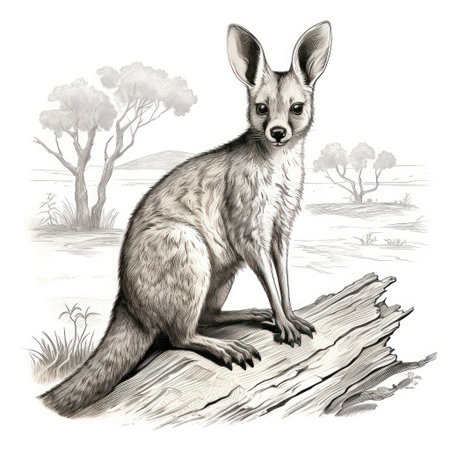 Step back in time with this vintage engraving of a wallaby, reminiscent of the 1800s on a crisp white background.の素材