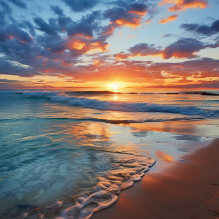 A serene moment awaits on this picturesque beach at dusk, as vibrant tones dance upon the tranquil waters, offering a peaceful escape.の素材