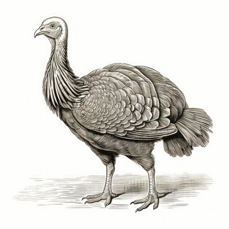A timeless portrayal of a vintage turkey engraving taken straight from the 1800s, depicted in intricate detailing and texture with an unparalleled elegance on a clean white background.の素材