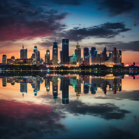 The city comes alive in the stillness of twilight as its towering skyline reflects beautifully on the tranquil river below.の素材