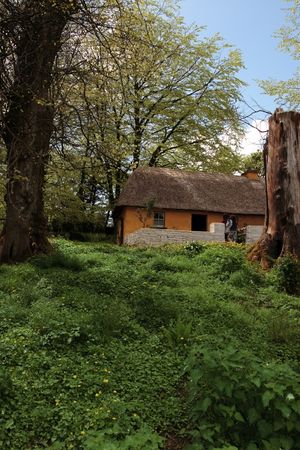 an old thatched cottage as used by farmers in early irish history in Bunratty folk parkの写真素材