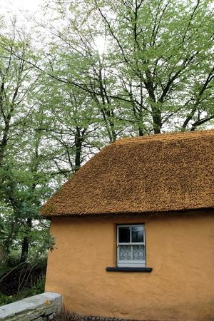 an old thatched cottage as used by farmers in early irish history in Bunratty folk parkの写真素材