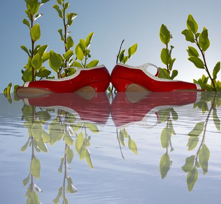 a pair of red high heels reflected in waterの写真素材
