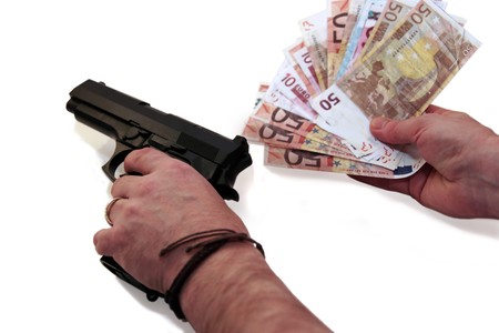 concept of a drug deal or gun hire going down against a white backgroundの写真素材