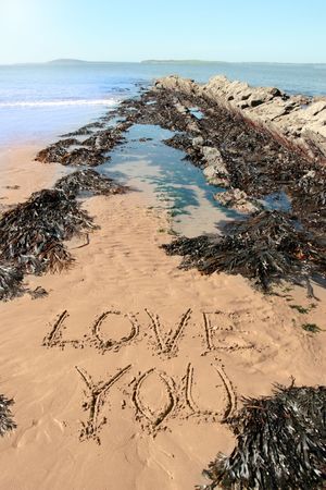 a romantic love you message inscribed on the beach with waves in the background on a hot sunny day