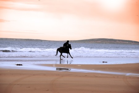 silhouette of a horse and rider galloping on ballybunion beach at sunset in kerry irelandの写真素材
