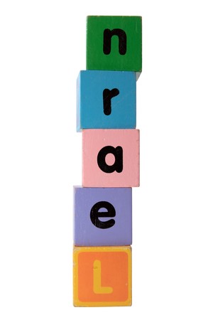 assorted childrens toy letter building blocks against a white background that spell learn の写真素材